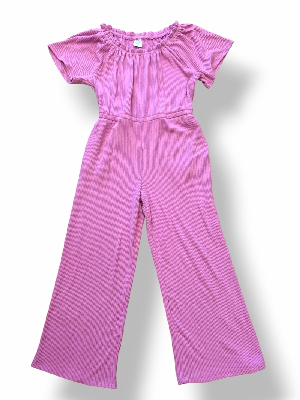 Pink Ribbed Wide Leg Jumpsuit Ruffle Neck Pockets Girls Sz 8 Medium